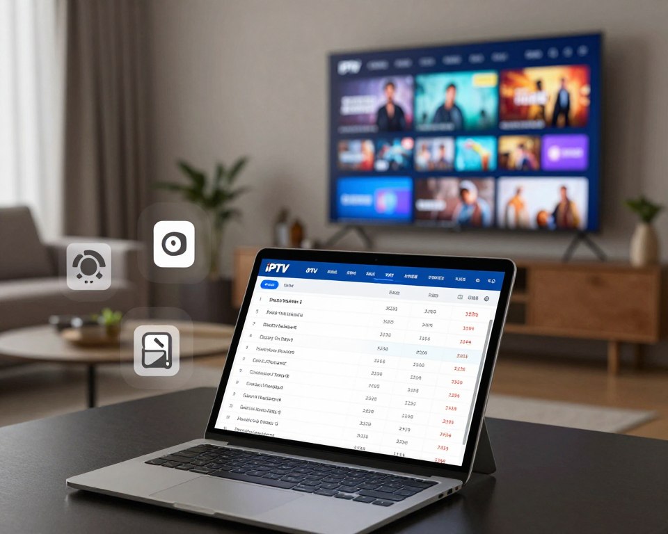A high-tech comparison table showcasing various top IPTV providers, prominently displaying their logos and key features, with detailed pricing models. In the foreground, design a sleek digital tablet or laptop with the comparison data clearly visible. The midground features stylized icons representing entertainment options like movies, sports, and series, arranged harmoniously around the devices. The background illustrates a modern living room setup, complete with a large screen displaying vibrant streaming content. Employ soft ambient lighting to create a cozy, inviting atmosphere that suggests relaxation and enjoyment. The angle should be slightly elevated to capture the entire scene, emphasizing clarity and professionalism. The overall mood should be informative yet engaging, showcasing the excitement of exploring IPTV services. A high-tech comparison table showcasing various top IPTV providers, prominently displaying their logos and key features, with detailed pricing models. In the foreground, design a sleek digital tablet or laptop with the comparison data clearly visible. The midground features stylized icons representing entertainment options like movies, sports, and series, arranged harmoniously around the devices. The background illustrates a modern living room setup, complete with a large screen displaying vibrant streaming content. Employ soft ambient lighting to create a cozy, inviting atmosphere that suggests relaxation and enjoyment. The angle should be slightly elevated to capture the entire scene, emphasizing clarity and professionalism. The overall mood should be informative yet engaging, showcasing the excitement of exploring IPTV services.