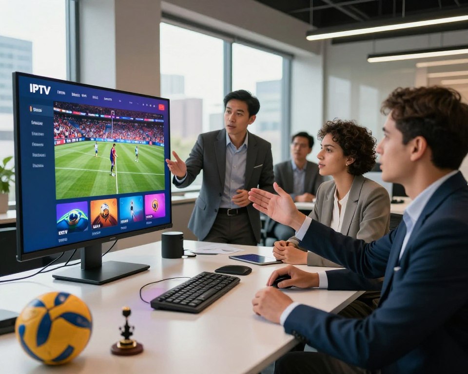 A modern IPTV service provider office setting, with a professional consultant in business attire gesturing towards a large screen displaying a vibrant, dynamic sports streaming interface. In the foreground, a sleek desk with high-tech gadgets and sports memorabilia, reflecting the engaging world of sports. In the middle ground, the consultant is interacting with a diverse group of clients, showcasing enthusiasm and interaction, all attentively watching the screen. The background features a contemporary office environment with large windows and city views, bathed in warm natural light, creating an inviting atmosphere. The composition captures the excitement and accessibility of sports IPTV services, emphasizing a sense of innovation and customer engagement in the United States. The angle provides a slightly elevated perspective, enhancing the focus on the screen and the engaged audience.