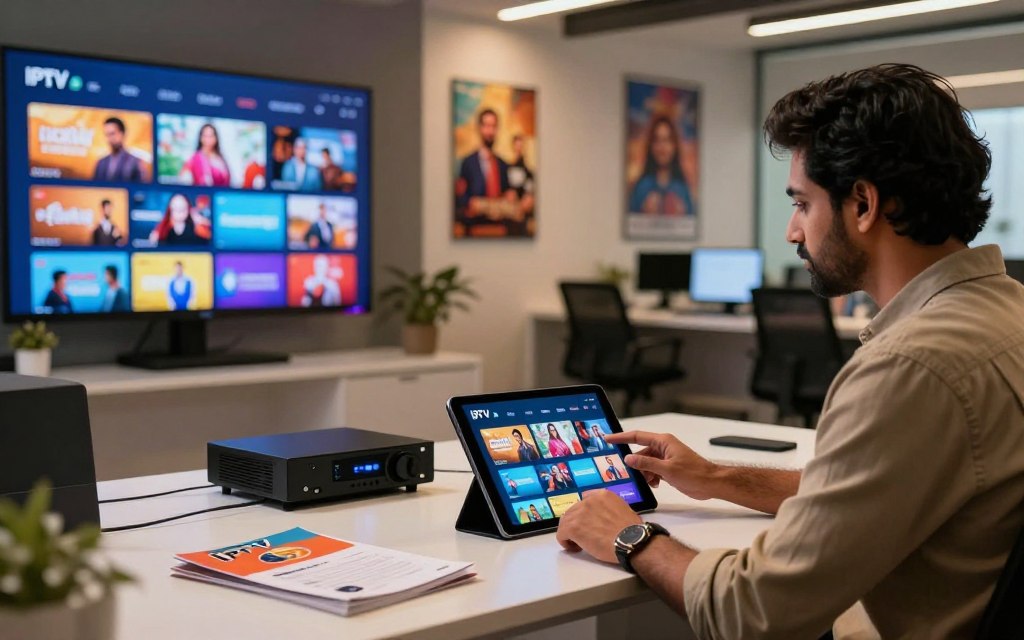 A modern IPTV service provider office space, featuring a sleek, high-tech environment with large screens displaying diverse Indian television channels. In the foreground, a professional in smart casual attire is interacting with a tablet, displaying IPTV service options and features. The middle ground includes a contemporary desk with IPTV equipment, brochures about Indian channels, and advanced technology. The background shows a stylish office with posters of popular Indian shows and movies, with soft, warm lighting casting a welcoming glow throughout the scene. The composition should have a slight angle to emphasize depth, creating a feeling of warmth and professionalism, reflecting the vibrant world of Indian entertainment accessible through IPTV services. A modern IPTV service provider office space, featuring a sleek, high-tech environment with large screens displaying diverse Indian television channels. In the foreground, a professional in smart casual attire is interacting with a tablet, displaying IPTV service options and features. The middle ground includes a contemporary desk with IPTV equipment, brochures about Indian channels, and advanced technology. The background shows a stylish office with posters of popular Indian shows and movies, with soft, warm lighting casting a welcoming glow throughout the scene. The composition should have a slight angle to emphasize depth, creating a feeling of warmth and professionalism, reflecting the vibrant world of Indian entertainment accessible through IPTV services.