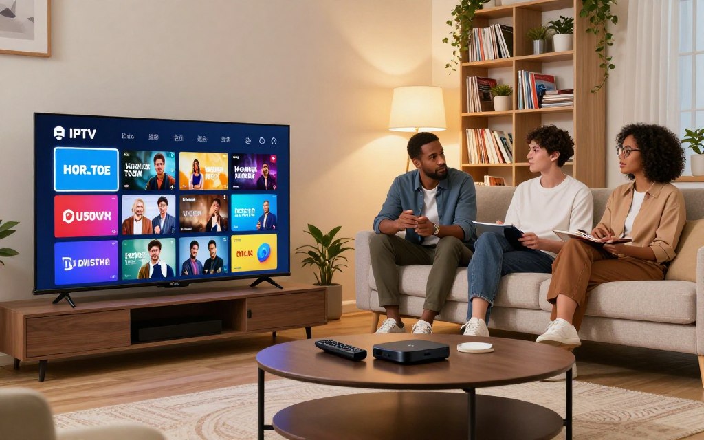 A modern digital living room scene showcasing IPTV technology. In the foreground, a sleek flat-screen TV displays a vibrant IPTV interface, with colorful thumbnails of channels. A stylish coffee table holds a remote and small streaming device. In the middle, a comfortable sofa is occupied by a diverse group of three professionals in smart casual attire, engaged in a discussion about their favorite shows. The background features a cozy bookshelf filled with tech magazines and plants, softly illuminated by warm light from a nearby lamp. The atmosphere is open and inviting, capturing the essence of modern home entertainment. Use a wide-angle perspective to create depth in the scene, ensuring each element is clear and detailed. A modern digital living room scene showcasing IPTV technology. In the foreground, a sleek flat-screen TV displays a vibrant IPTV interface, with colorful thumbnails of channels. A stylish coffee table holds a remote and small streaming device. In the middle, a comfortable sofa is occupied by a diverse group of three professionals in smart casual attire, engaged in a discussion about their favorite shows. The background features a cozy bookshelf filled with tech magazines and plants, softly illuminated by warm light from a nearby lamp. The atmosphere is open and inviting, capturing the essence of modern home entertainment. Use a wide-angle perspective to create depth in the scene, ensuring each element is clear and detailed.
