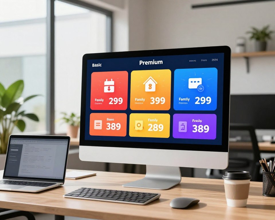 A modern digital workspace showcasing various IPTV subscription plans displayed on a sleek computer monitor. In the foreground, a well-organized desk with a laptop, notepads, and a stylish coffee cup. The middle ground features a large computer screen with colorful graphics illustrating different subscription tiers, including basic, premium, and family plans, each represented by vibrant icons and mock pricing. The background presents a bright, sunlit office environment, with glass windows, green plants, and contemporary decor that suggests a tech-savvy atmosphere. The lighting is soft and inviting, enhancing the colors of the subscription graphics. This image conveys a professional yet accessible mood, perfectly aligning with the exploration of the IPTV market in 2024.