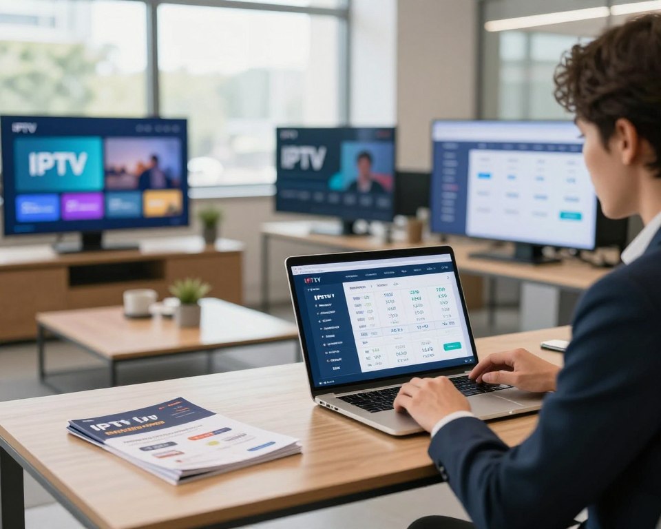 A modern, inviting office space showcasing a stylish desk with a laptop displaying IPTV subscription options. In the foreground, a professional businessperson in smart attire is analyzing subscription price charts, surrounded by digital screens illustrating various price tiers and features. The middle ground features a sleek coffee table with brochures of IPTV services, highlighting affordability and variety. The background features a large window letting in natural daylight, creating a bright and positive atmosphere. Use soft, warm lighting to enhance the mood of affordability and accessibility, capturing a sense of professionalism and modern technology in the IPTV industry. The composition should convey clarity and focus on price structures, with a balanced perspective that invites viewers to explore the subject thoroughly.