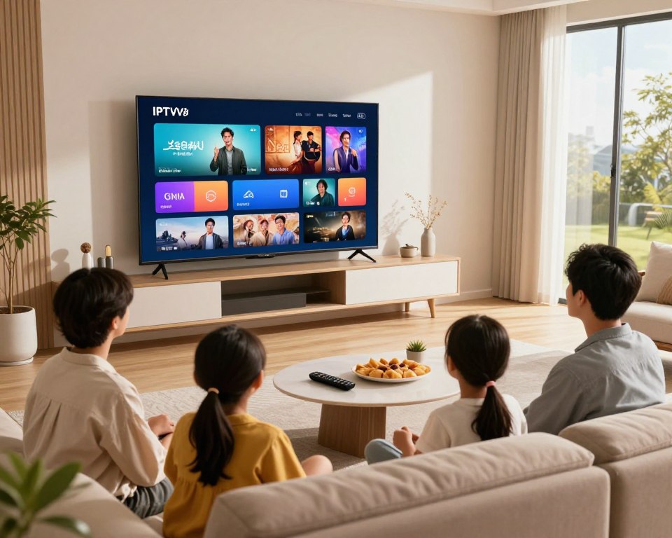 A modern living room bathed in warm, natural light, showcasing a sleek smart TV prominently mounted on the wall, streaming a vibrant IPTV interface. In the foreground, a family of four is comfortably seated, dressed in smart casual attire, engaged in watching a diverse range of IPTV content, highlighting the technology's accessibility and convenience. In the middle ground, stylish furniture and decorative elements create a cozy atmosphere, with a coffee table featuring a remote control and snacks, suggesting a relaxed viewing experience. The background features a large window revealing a sunny day outside, symbolizing the modern lifestyle of 2024. The overall mood is inviting and dynamic, capturing the essence of contemporary entertainment technology.