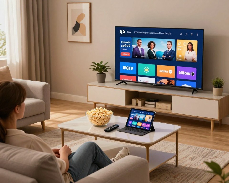 A modern living room scene showcasing a sleek TV displaying a vibrant IPTV interface, suggesting a reliable streaming service. In the foreground, a comfortable sofa with plush cushions invites viewers to relax. The middle ground features a stylish coffee table with a bowl of popcorn, a remote control, and a tablet highlighting various IPTV subscription options. In the background, soft ambient lighting creates a cozy atmosphere, while decorative elements like potted plants and framed artwork add character. The image is shot from a slightly elevated angle, capturing the inviting ambiance, suggesting warmth and ease, embodying the essence of "Lifetime IPTV Subscription: Streaming Made Simple."