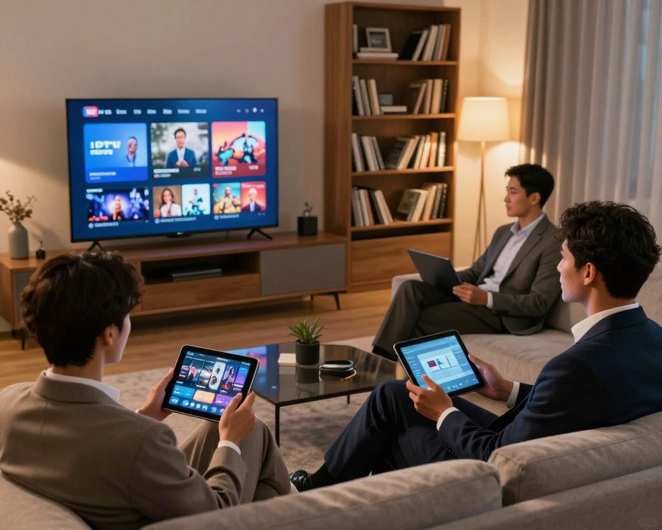A modern living room setting featuring a diverse group of four individuals in professional business attire, comfortably engaged in multi-device streaming. The foreground shows two people using tablets, while another person watches content on a sleek smart TV mounted on the wall. In the background, a large bookshelf filled with entertainment media creates an inviting atmosphere. Warm, ambient lighting ensures a cozy feel, with soft shadows adding depth. The camera angle is slightly elevated, providing a panoramic view of the room. The mood is relaxed and collaborative, emphasizing the convenience and accessibility of streaming across multiple devices, showcasing the benefits of IPTV subscriptions.