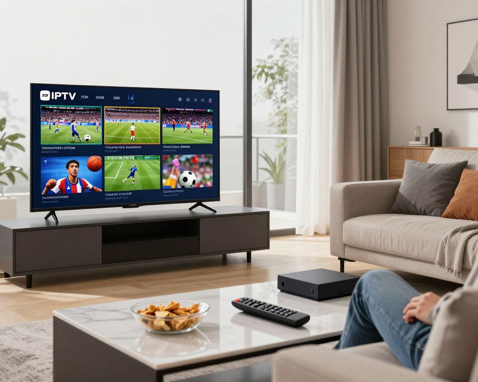 A modern living room setting with a large flat-screen TV displaying vibrant IPTV sports channels featuring various sports events like football, basketball, and soccer. In the foreground, a stylish coffee table holds a remote control and snacks, emphasizing a relaxed viewing experience. In the middle, a comfortable sofa with cushions invites viewers to sit down, while a sleek game console sits nearby. The background features a bright, airy window partially draped with curtains, allowing natural light to flood the room, enhancing the atmosphere of excitement and leisure. The overall mood is inviting and dynamic, capturing the essence of enjoying sports entertainment at home, making it ideal for exploring essential criteria for choosing a sports IPTV subscription.