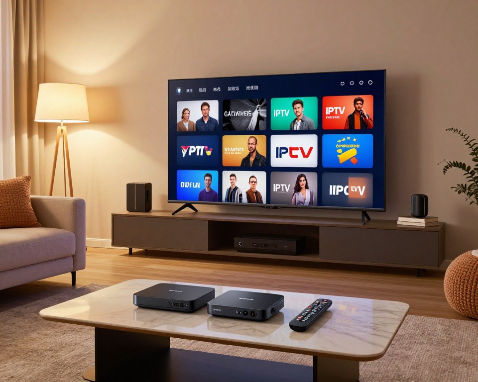 A modern living room setting with a sleek, large flat-screen TV displaying vibrant IPTV channel logos in high resolution. In the foreground, a stylish coffee table features IPTV streaming devices and a remote control. The middle ground includes a comfortable sofa, plush throw pillows, and a cozy ambiance with soft lighting from floor lamps casting a warm glow. In the background, a wall-mounted shelf holds various streaming devices and decorative items. The scene is well-composed using a wide-angle view to emphasize the high-tech atmosphere. The mood is inviting, showcasing a premium feel that highlights the accessibility and enjoyment of diverse entertainment options available through IPTV subscriptions.