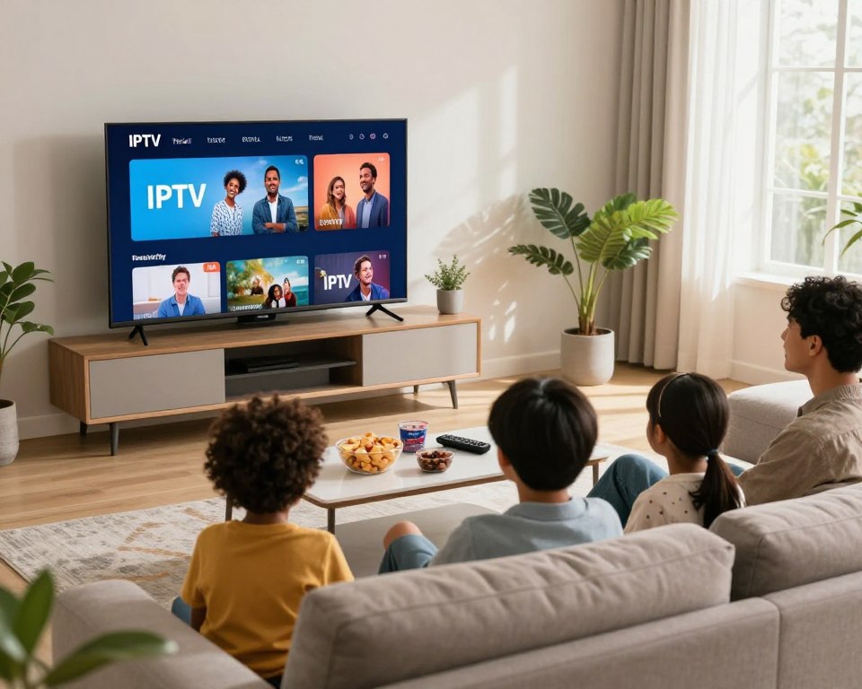 A modern living room setting with a sleek television showcasing a vibrant IPTV service interface. In the foreground, a family of four—diverse in heritage—sits comfortably on a stylish couch, dressed in casual but neat clothing, engaged and enjoying streaming content. The middle ground features a coffee table cluttered with snacks and remote controls, emphasizing a cozy atmosphere. Soft, natural light filters through a large window, casting a warm glow across the room, while potted plants add a touch of greenery in the background. The overall mood is inviting and relaxed, capturing the essence of home entertainment and the appeal of IPTV subscriptions. A modern living room setting with a sleek television showcasing a vibrant IPTV service interface. In the foreground, a family of four—diverse in heritage—sits comfortably on a stylish couch, dressed in casual but neat clothing, engaged and enjoying streaming content. The middle ground features a coffee table cluttered with snacks and remote controls, emphasizing a cozy atmosphere. Soft, natural light filters through a large window, casting a warm glow across the room, while potted plants add a touch of greenery in the background. The overall mood is inviting and relaxed, capturing the essence of home entertainment and the appeal of IPTV subscriptions.
