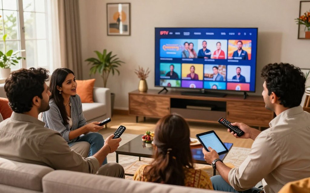 A modern living room setup, featuring a large flat-screen TV displaying popular Indian IPTV streaming options. In the foreground, a diverse group of four adults, dressed in professional business attire and modest casual clothing, are discussing enthusiastically while holding remote controls and tablets. The background showcases an inviting, well-lit room with comfortable furniture, vibrant decor reminiscent of Indian culture, and a window letting in warm afternoon sunlight. The atmosphere is friendly and engaged, emphasizing a sense of community around watching Indian IPTV channels. The scene is captured with a professional lens effect, focusing on the group while softly blurring the background to create depth. A modern living room setup, featuring a large flat-screen TV displaying popular Indian IPTV streaming options. In the foreground, a diverse group of four adults, dressed in professional business attire and modest casual clothing, are discussing enthusiastically while holding remote controls and tablets. The background showcases an inviting, well-lit room with comfortable furniture, vibrant decor reminiscent of Indian culture, and a window letting in warm afternoon sunlight. The atmosphere is friendly and engaged, emphasizing a sense of community around watching Indian IPTV channels. The scene is captured with a professional lens effect, focusing on the group while softly blurring the background to create depth.