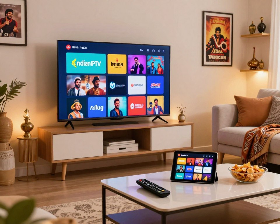 A modern living room setup featuring a sleek TV displaying a vibrant Indian IPTV channel interface with colorful logos of popular channels. In the foreground, a stylish coffee table with remote controls, snacks, and a tablet showing streaming options. The middle ground includes an inviting couch with plush cushions and a decorative throw, while subtle ambient lighting creates a warm, cozy atmosphere. The background hints at a wall adorned with framed Bollywood movie posters and shelves containing cultural artifacts, emphasizing the essence of Indian entertainment. The scene is bright and inviting, shot from a slightly elevated angle to capture the entire setting, evoking a sense of comfort and excitement about Indian IPTV services.