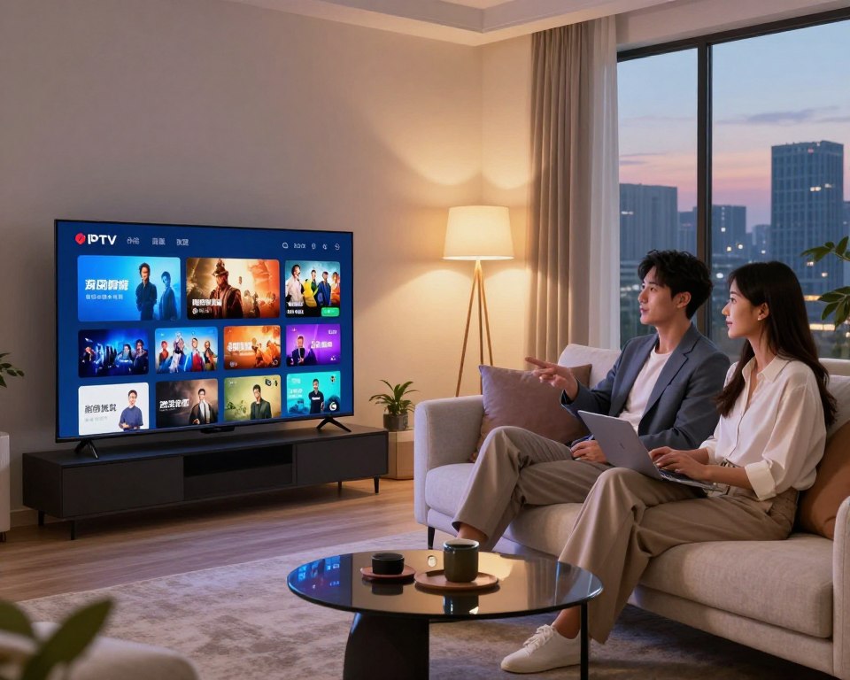 A modern living room showcasing a premium streaming service experience. In the foreground, a sleek smart TV displays a vibrant interface filled with various channel options, including movies, sports, and documentaries. In the middle, a comfortable sofa is adorned with plush pillows, with a young couple in professional attire casually discussing their viewing choices, exuding a relaxed atmosphere. Soft ambient lighting from stylish lamps creates an inviting glow, enhancing the cozy mood of the room. In the background, large windows reveal a scenic urban skyline at dusk, emphasizing the contemporary vibe. The overall composition should evoke a sense of quality, accessibility, and enjoyment associated with a top-tier IPTV subscription service.