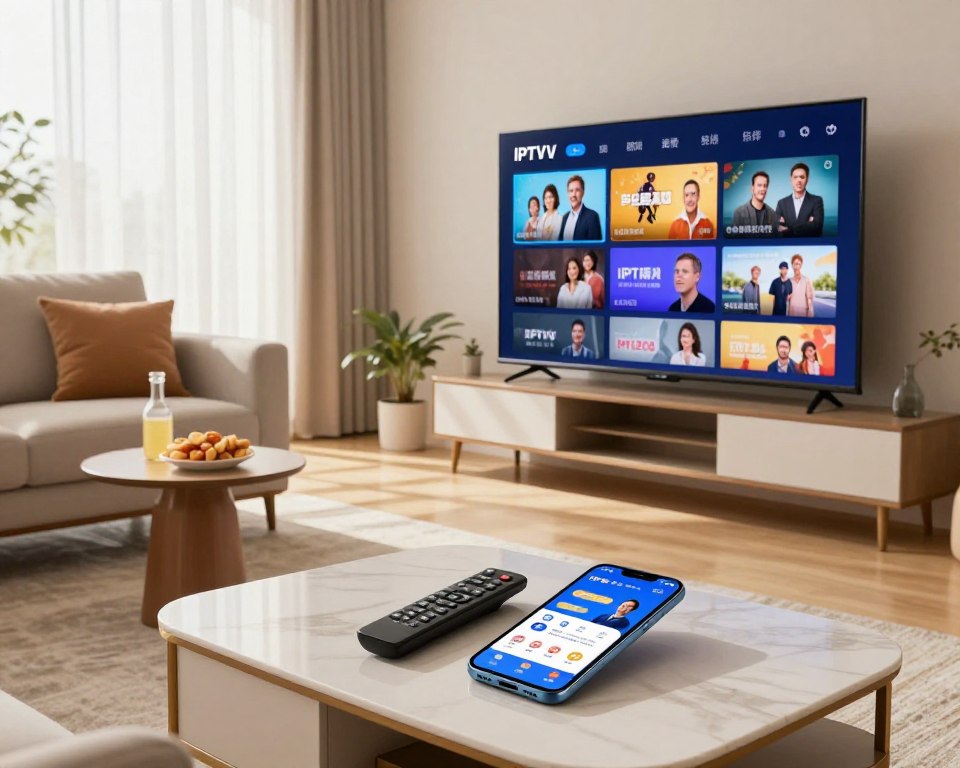 A modern living room with a sleek television displaying various IPTV channels, showcasing vibrant graphics and engaging content. In the foreground, a stylish coffee table is adorned with a remote control and a smartphone with a user-friendly IPTV app interface. In the middle ground, a comfortable sofa with elegant cushions invites relaxation, accompanied by a small side table with snacks and drinks, suggesting a cozy viewing experience. The background features large windows with soft natural light streaming in, creating a warm atmosphere. The entire scene conveys a sense of enjoyment and convenience, embodying the appeal of IPTV subscriptions in 2024, captured from a slightly elevated angle to emphasize the homey ambiance. A modern living room with a sleek television displaying various IPTV channels, showcasing vibrant graphics and engaging content. In the foreground, a stylish coffee table is adorned with a remote control and a smartphone with a user-friendly IPTV app interface. In the middle ground, a comfortable sofa with elegant cushions invites relaxation, accompanied by a small side table with snacks and drinks, suggesting a cozy viewing experience. The background features large windows with soft natural light streaming in, creating a warm atmosphere. The entire scene conveys a sense of enjoyment and convenience, embodying the appeal of IPTV subscriptions in 2024, captured from a slightly elevated angle to emphasize the homey ambiance.