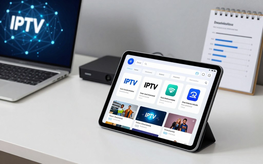 A modern, sleek infographic illustrating a comparison of IPTV streaming services. In the foreground, a digital tablet displaying various IPTV logos and service features, highlighted with glowing effects to convey energy. The middle ground features a stylish workspace with a laptop, streaming device, and a notepad with charts analyzing bandwidth and user reviews. The background shows an abstract representation of a digital network with interconnected nodes, symbolizing connectivity and technology. Soft, even lighting enhances the professional atmosphere, while a slight depth of field focuses attention on the tablet and the workspace. The overall mood is informative and engaging, ideal for guiding viewers in evaluating IPTV services for quality streaming.