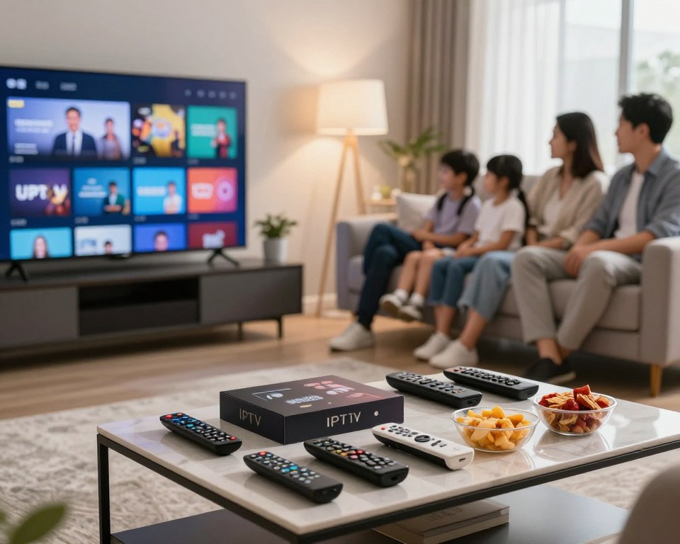 A modern, sleek living room featuring a large smart TV displaying various IPTV service icons. In the foreground, a stylish coffee table loaded with an array of remote controls, snacks, and an IPTV subscription box. The middle ground highlights a comfortable sofa with a family gathered around the TV, dressed in business casual attire, engaged and enjoying their favorite shows. The background shows a window with soft, natural light filtering in, casting a warm ambiance over the room. The atmosphere is cozy and inviting, showcasing the evolution of entertainment in contemporary American homes, with a blend of technology and family interaction. Use a soft focus lens to emphasize the connection among family members and provide a relaxed feel to the image.