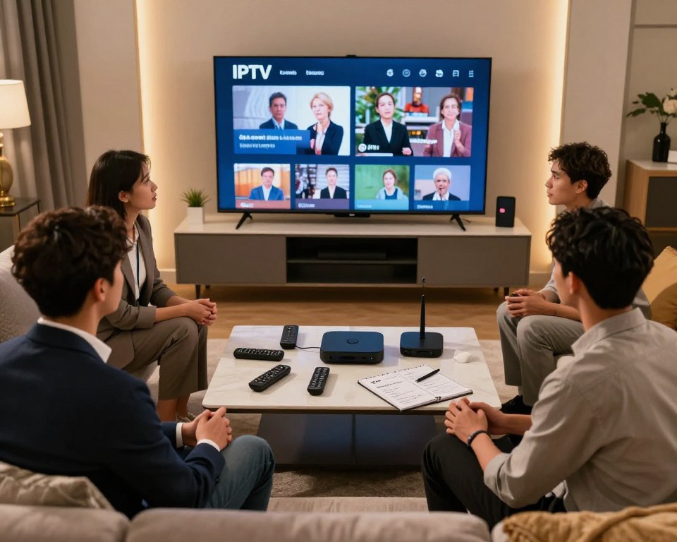 A modern, sleek living room setting centered around a high-definition television displaying an IPTV channel selection interface. In the foreground, a diverse group of three professionals – a man, a woman, and a person of non-binary gender – are engaged in a thoughtful discussion, each dressed in smart casual attire. The middle ground features a stylish coffee table cluttered with various streaming device remotes and a notepad with notes on IPTV features. The background shows a cozy couch and elegant decor, with warm, ambient lighting that creates an inviting atmosphere. Soft shadows enhance the depth, captured from a slightly elevated angle, focusing on the group’s expressions and the TV screen, emphasizing the importance of collaboration in choosing the right IPTV provider.