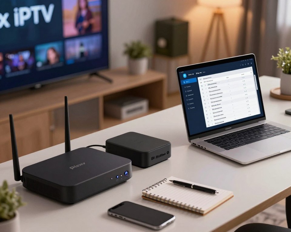 A modern workspace featuring a sleek laptop displaying the Plex IPTV interface, with a checklist of integration requirements on the screen. In the foreground, a combination of devices like a router, smart TV, and streaming box are neatly arranged, symbolizing technology for IPTV setup. In the middle, a well-organized desk with office essentials, such as a notepad, a pen, and a smartphone, enhances the professional atmosphere. The background shows a softly lit room with a cozy ambiance, created by warm lighting, suggesting a comfortable space for tech integration. The angle is slightly tilted from above, providing a comprehensive view of the entire setup. The mood is focused and motivating, emphasizing the ease of adding IPTV to Plex.