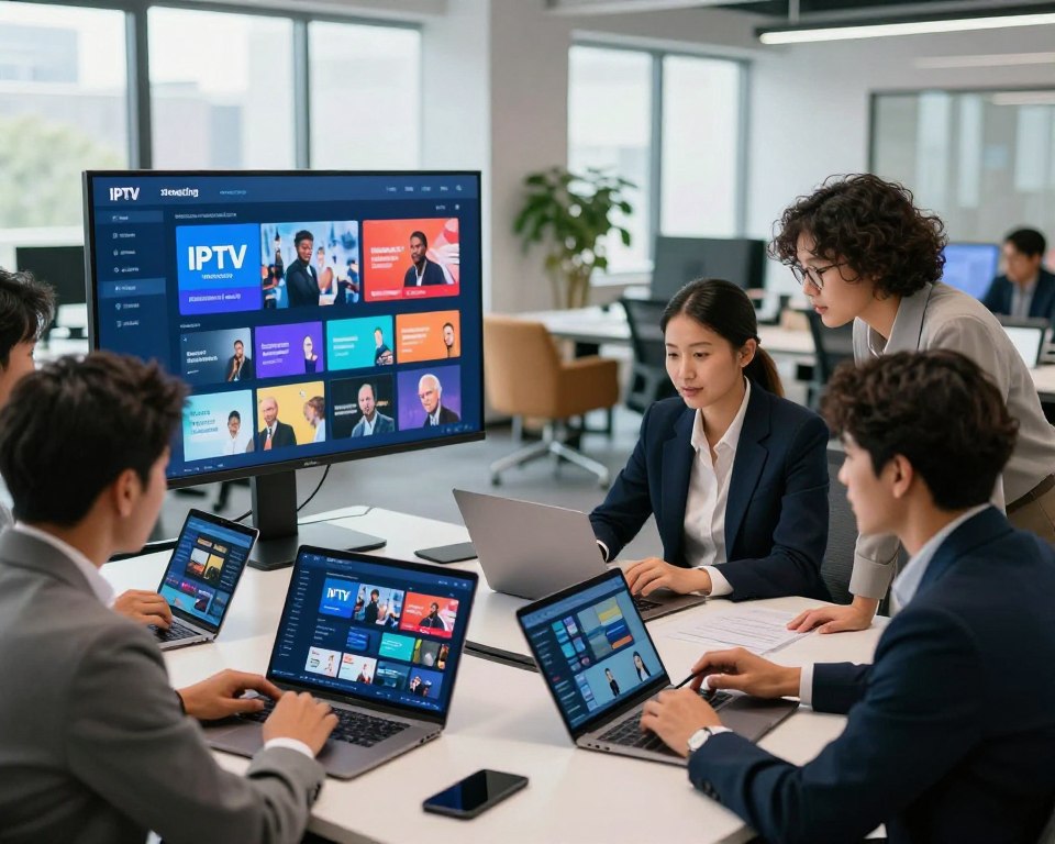 A modern workspace filled with vibrant technology displays. In the foreground, a diverse group of professionals in business attire collaboratively analyzing IPTV streaming data on sleek laptops and tablets, looking engaged and focused. In the middle ground, large screens showing dynamic IPTV interface designs and popular streaming options, highlighting the reliability and variety of services. The background features an open office environment with large windows, natural light flooding in, creating an energetic and optimistic atmosphere. Soft-focus elements such as greenery and modern furniture add to the professional setting. The overall mood conveys innovation and trustworthiness in the IPTV supplier sector. Ideal for showcasing the industry's growth and consumer demand for reliable streaming alternatives.