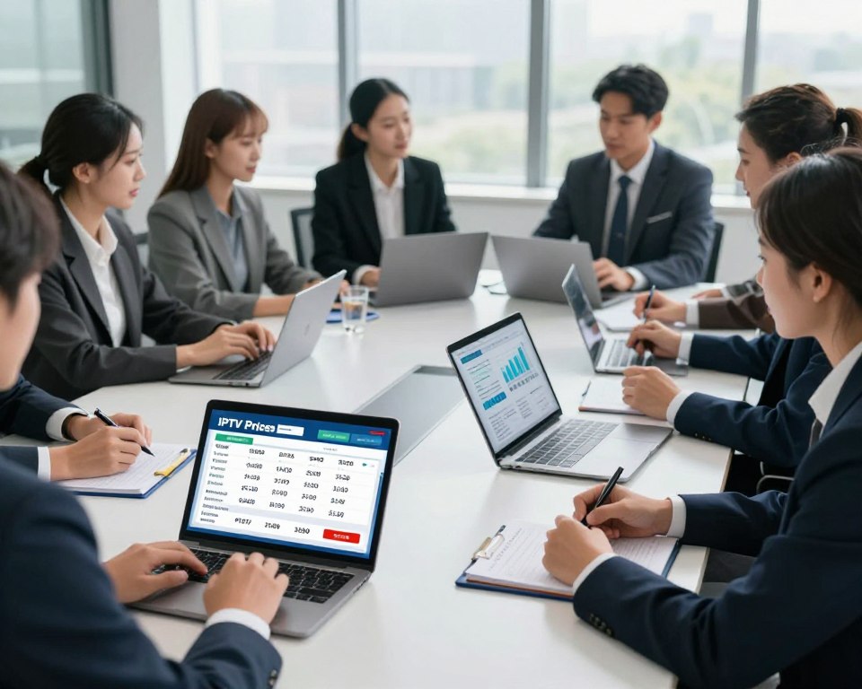 A professional office setting featuring a diverse group of individuals in business attire, gathered around a sleek, modern conference table. On the table, various devices like laptops and tablets display different IPTV pricing charts, graphs, and subscription models. The foreground showcases a digital tablet with a clear, visually appealing infographic comparing IPTV prices. In the middle ground, engaged discussions and note-taking among the individuals create a dynamic atmosphere of collaboration and analysis. The background has a large window with natural light flooding in, illuminating the scene and creating a bright, optimistic mood. The overall composition should convey a sense of professionalism and innovation within the technology sector, emphasizing the importance of understanding subscription charges in the IPTV landscape.
