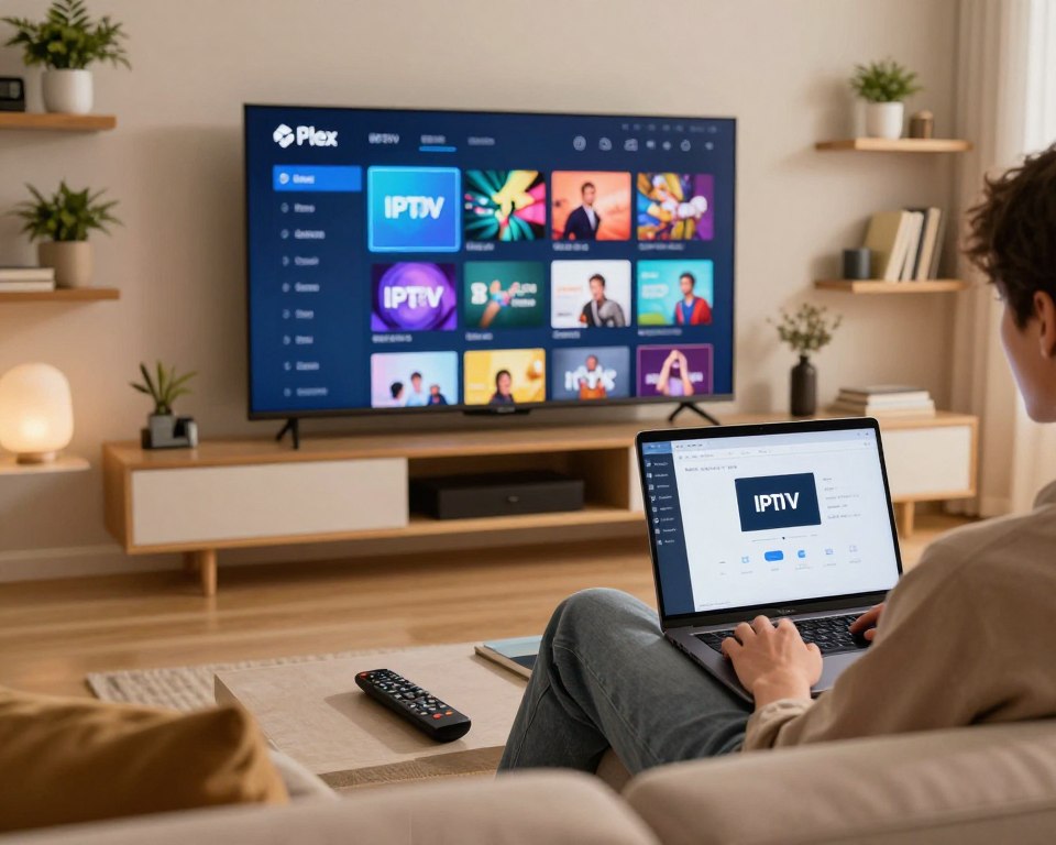 A sleek and modern living room setup featuring a large flat-screen TV displaying the Plex interface. In the foreground, a person in smart casual attire is seated on a stylish couch, focused on their laptop, which shows the IPTV setup process on the screen. The middle of the image captures the TV with vibrant colors, highlighting the IPTV channel lineup, while a remote control is placed nearby. The background showcases tastefully decorated shelves with plants and books, complemented by warm, soft lighting that creates a cozy atmosphere. Use a slight low-angle perspective to emphasize the interaction between the user and the technology, capturing a sense of engagement and modern living.