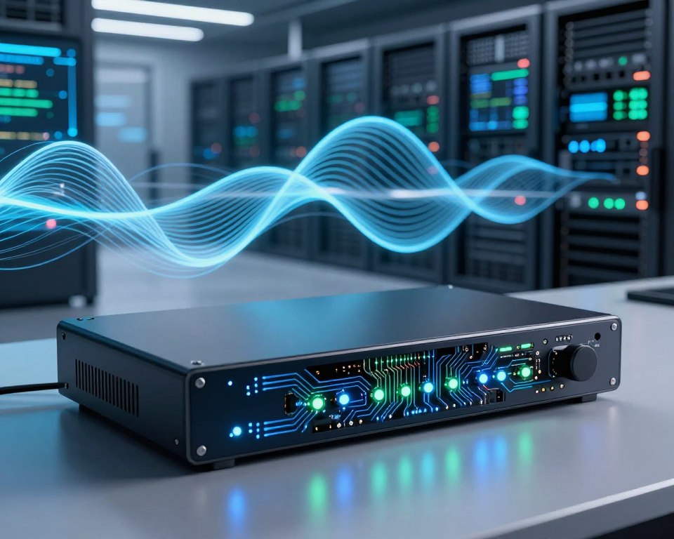 A sleek, modern cloud-based broadcast encoder situated prominently in the foreground, featuring glossy surfaces and intricate circuitry that glows with soft blue and green LED lights, symbolizing cutting-edge technology. In the middle ground, an abstract representation of digital waves and streaming content flows dynamically, suggesting high-speed data transmission. The background features a futuristic data center with rows of server racks and digital screens displaying streaming metrics, all under ambient lighting that enhances the high-tech atmosphere. The composition is shot from a slightly low angle to emphasize the encoder’s importance, bathed in a professional, clean lighting setup that gives the scene a polished, innovative feel, embodying the advancements of streaming technology in 2024. A sleek, modern cloud-based broadcast encoder situated prominently in the foreground, featuring glossy surfaces and intricate circuitry that glows with soft blue and green LED lights, symbolizing cutting-edge technology. In the middle ground, an abstract representation of digital waves and streaming content flows dynamically, suggesting high-speed data transmission. The background features a futuristic data center with rows of server racks and digital screens displaying streaming metrics, all under ambient lighting that enhances the high-tech atmosphere. The composition is shot from a slightly low angle to emphasize the encoder’s importance, bathed in a professional, clean lighting setup that gives the scene a polished, innovative feel, embodying the advancements of streaming technology in 2024.