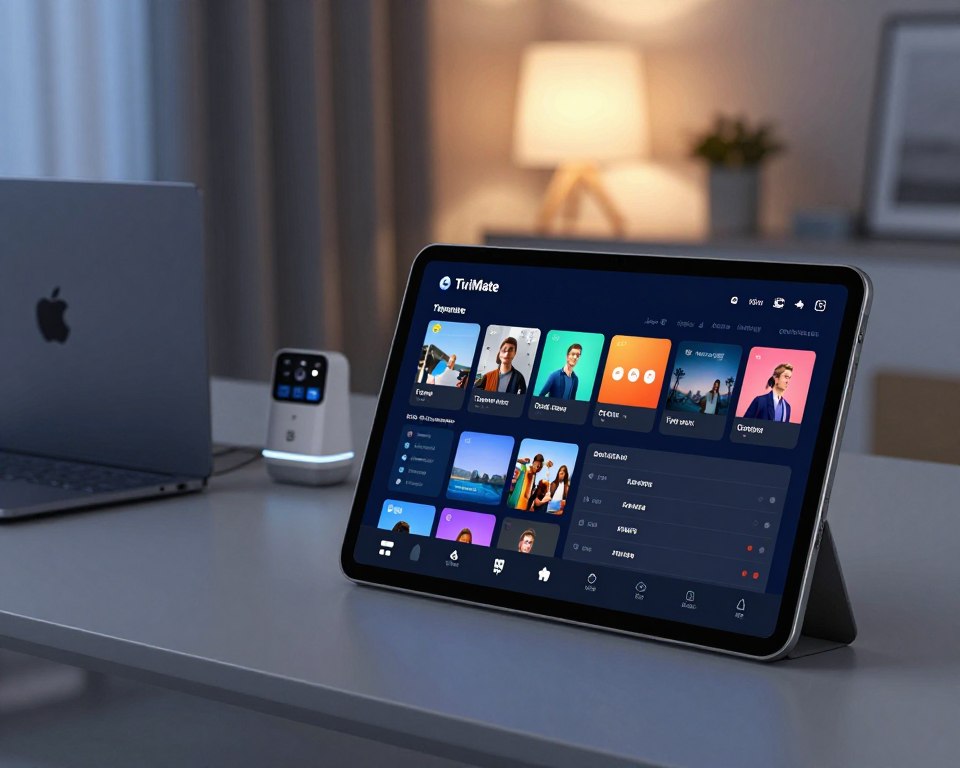A sleek, modern digital interface displaying the customization options of the TiviMate streaming app. In the foreground, focus on a high-resolution tablet screen showcasing vibrant, interactive menus featuring various settings for themes, layouts, and channel organization, all designed for intuitive navigation. In the middle ground, include a stylish workspace with a laptop and smart devices, implying versatility in streaming options. The background features a soft-focus home environment with cozy lighting, such as a warm glow from a lamp, creating a relaxing atmosphere. The image should exhibit a high-tech look with polished finishes and a balanced color palette of blues and grays, emphasizing a mastery of streaming features. The overall mood conveys efficiency and sophistication for an optimal viewing experience.