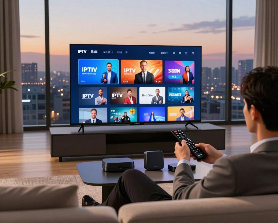 A sleek modern living room setting, featuring a stylish flat-screen TV displaying a vibrant streaming interface showcasing various channels. In the foreground, a professional-looking person in business attire is comfortably seated on a contemporary sofa, holding a remote control and deeply engaged with the content on the screen. The middle ground highlights a coffee table with various streaming devices, alluding to a seamless IPTV experience. Soft, ambient lighting creates a warm and inviting atmosphere, while large windows in the background reveal a city skyline at dusk, suggesting a sophisticated urban lifestyle. The overall mood reflects ease, entertainment, and modern technology, emphasizing reliability and quality in IPTV streaming services. A sleek modern living room setting, featuring a stylish flat-screen TV displaying a vibrant streaming interface showcasing various channels. In the foreground, a professional-looking person in business attire is comfortably seated on a contemporary sofa, holding a remote control and deeply engaged with the content on the screen. The middle ground highlights a coffee table with various streaming devices, alluding to a seamless IPTV experience. Soft, ambient lighting creates a warm and inviting atmosphere, while large windows in the background reveal a city skyline at dusk, suggesting a sophisticated urban lifestyle. The overall mood reflects ease, entertainment, and modern technology, emphasizing reliability and quality in IPTV streaming services.