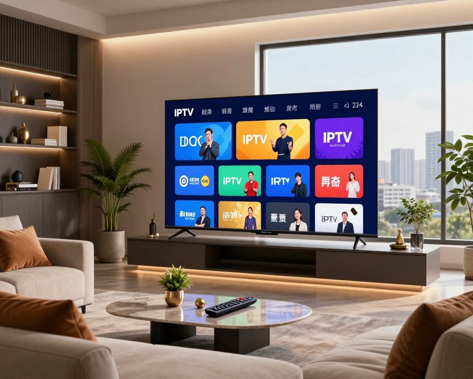 A sleek, modern living room setting showcasing a large high-resolution screen displaying vibrant IPTV channel logos and content. In the foreground, a comfortable couch with stylish cushions, flanked by decorative houseplants and a remote control on an elegant coffee table. The middle ground features the TV, surrounded by soft ambient lighting that creates a warm, inviting atmosphere. In the background, a bookshelf filled with books and decorative items, enhancing the contemporary aesthetic. The scene is bathed in natural light streaming through a large window, with a view of a city skyline. The overall mood is sophisticated and technologically advanced, reflecting the premium quality of a smart IPTV subscription in 2024. A sleek, modern living room setting showcasing a large high-resolution screen displaying vibrant IPTV channel logos and content. In the foreground, a comfortable couch with stylish cushions, flanked by decorative houseplants and a remote control on an elegant coffee table. The middle ground features the TV, surrounded by soft ambient lighting that creates a warm, inviting atmosphere. In the background, a bookshelf filled with books and decorative items, enhancing the contemporary aesthetic. The scene is bathed in natural light streaming through a large window, with a view of a city skyline. The overall mood is sophisticated and technologically advanced, reflecting the premium quality of a smart IPTV subscription in 2024.