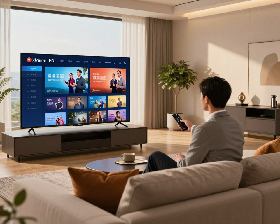 A sleek, modern living room showcasing high-definition IPTV service in action. In the foreground, a large flat-screen TV displays vibrant streaming content with crystal-clear resolution. A comfortable sofa is adorned with stylish cushions, inviting viewers to relax. In the middle ground, a person in professional business attire is seated, engrossed in the IPTV interface, holding a remote control. The ambiance features soft, warm lighting illuminating the room, with light streaming through large windows, creating a cozy and contemporary atmosphere. In the background, tasteful decor elements like a plant and an entertainment unit highlight the technology's sophistication. The overall mood is one of luxury and innovation, emphasizing the premium nature of the Xtreme HD IPTV subscription.