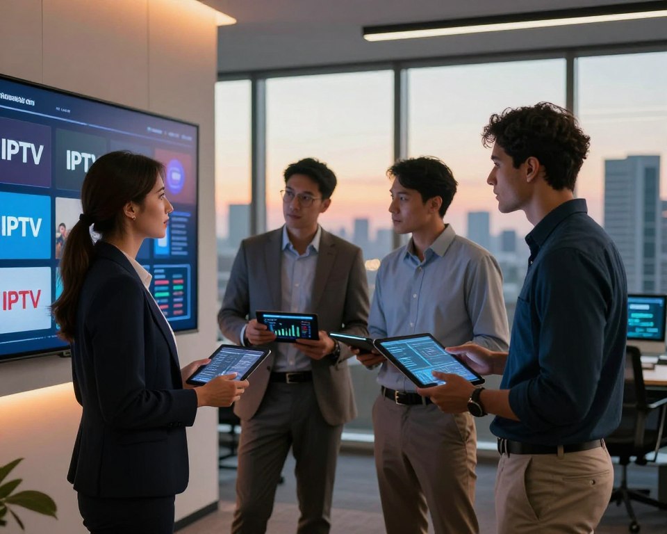 A sleek modern office environment depicting a diverse group of professionals engaged in a discussion about IPTV technology. In the foreground, a confident woman in business attire stands by a large digital display showcasing vibrant IPTV logos, illuminated by soft LED lighting in warm hues. In the middle, two men in professional clothing are analyzing charts and data on tablets, with one pointing towards a screen that highlights innovative streaming features. In the background, large windows reveal a city skyline bathed in sunset light, creating an atmosphere of progress and technology. The overall mood is dynamic and collaborative, emphasizing the cutting-edge nature of the IPTV industry. The composition is captured with a shallow depth of field to focus on the professionals while softly blurring the background. A sleek modern office environment depicting a diverse group of professionals engaged in a discussion about IPTV technology. In the foreground, a confident woman in business attire stands by a large digital display showcasing vibrant IPTV logos, illuminated by soft LED lighting in warm hues. In the middle, two men in professional clothing are analyzing charts and data on tablets, with one pointing towards a screen that highlights innovative streaming features. In the background, large windows reveal a city skyline bathed in sunset light, creating an atmosphere of progress and technology. The overall mood is dynamic and collaborative, emphasizing the cutting-edge nature of the IPTV industry. The composition is captured with a shallow depth of field to focus on the professionals while softly blurring the background.