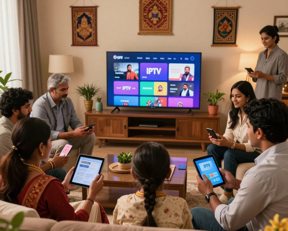 A vibrant and engaging scene showcasing the concept of IPTV services tailored for the Indian diaspora in the United States. In the foreground, a diverse group of Indian families, dressed in professional business attire and modest casual clothing, enthusiastically discussing IPTV on sleek tablets and smartphones. In the middle, a living room setting featuring a modern television displaying colorful streaming icons representing popular Indian channels. The background features an amenity-laden apartment layout with Indian cultural elements like wall hangings and decorative plants, creating a warm and inviting atmosphere. Soft, ambient lighting to foster a cozy mood, shot from a slightly elevated angle to capture both the interaction and the decor, framed within a contemporary design. A vibrant and engaging scene showcasing the concept of IPTV services tailored for the Indian diaspora in the United States. In the foreground, a diverse group of Indian families, dressed in professional business attire and modest casual clothing, enthusiastically discussing IPTV on sleek tablets and smartphones. In the middle, a living room setting featuring a modern television displaying colorful streaming icons representing popular Indian channels. The background features an amenity-laden apartment layout with Indian cultural elements like wall hangings and decorative plants, creating a warm and inviting atmosphere. Soft, ambient lighting to foster a cozy mood, shot from a slightly elevated angle to capture both the interaction and the decor, framed within a contemporary design.
