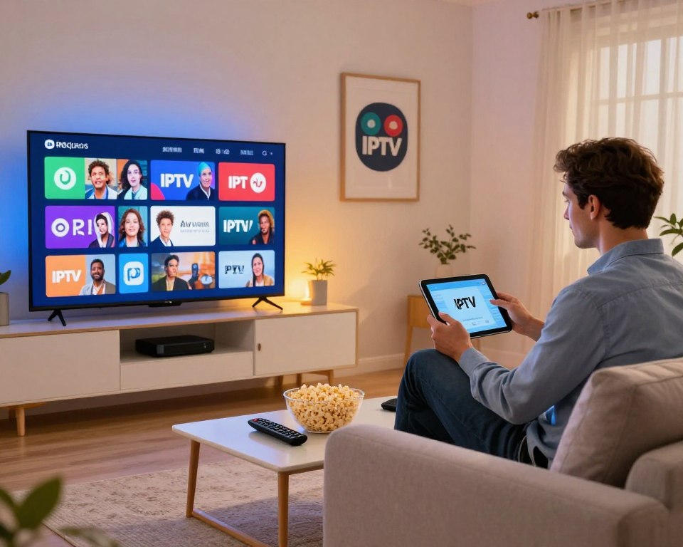 A vibrant and engaging scene that showcases various elements representing top IPTV providers. In the foreground, display a sleek modern living room with a sophisticated television set streaming a colorful array of channels. Include a comfortable sofa and a coffee table adorned with a remote control, popcorn bowl, and a streaming media device. In the middle ground, position a well-dressed professional, casually browsing IPTV options on a tablet, embodying the target audience for these services. The background features dynamic wall art depicting popular IPTV logos and icons symbolizing seamless streaming. Use warm lighting to create a cozy atmosphere, with a slight emphasis on the illuminated screen. Capture the scene from an eye-level angle to provide a relatable perspective. A vibrant and engaging scene that showcases various elements representing top IPTV providers. In the foreground, display a sleek modern living room with a sophisticated television set streaming a colorful array of channels. Include a comfortable sofa and a coffee table adorned with a remote control, popcorn bowl, and a streaming media device. In the middle ground, position a well-dressed professional, casually browsing IPTV options on a tablet, embodying the target audience for these services. The background features dynamic wall art depicting popular IPTV logos and icons symbolizing seamless streaming. Use warm lighting to create a cozy atmosphere, with a slight emphasis on the illuminated screen. Capture the scene from an eye-level angle to provide a relatable perspective.