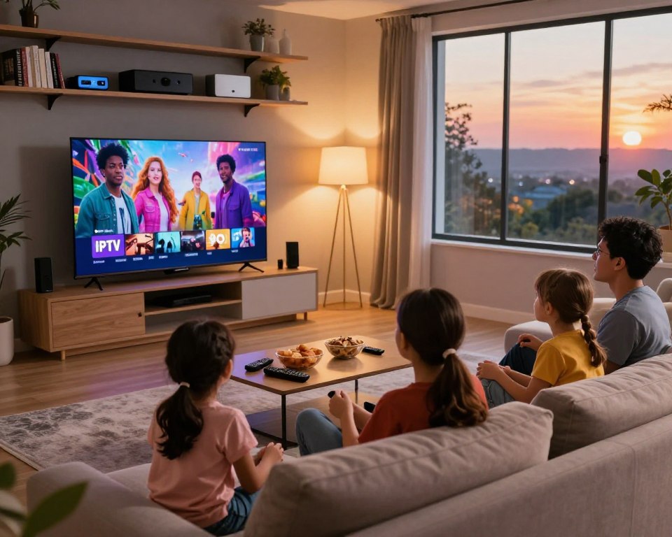 A vibrant, modern living room scene depicting a diverse group of families engaging with IPTV technology. In the foreground, a family of four, dressed in casual, comfortable clothing, sits on a plush sofa engrossed in a movie on a large, sleek flat-screen TV, illuminated by soft warm lighting from a nearby lamp. In the middle ground, a coffee table is scattered with snacks and remote controls, hinting at a cozy movie night. The background showcases a stylish bookshelf filled with tech gadgets and streaming devices, emphasizing a contemporary aesthetic. A large window reveals a sunset view, casting an inviting glow over the entire scene, reflecting the warmth and convenience of IPTV channels revolutionizing television consumption. A vibrant, modern living room scene depicting a diverse group of families engaging with IPTV technology. In the foreground, a family of four, dressed in casual, comfortable clothing, sits on a plush sofa engrossed in a movie on a large, sleek flat-screen TV, illuminated by soft warm lighting from a nearby lamp. In the middle ground, a coffee table is scattered with snacks and remote controls, hinting at a cozy movie night. The background showcases a stylish bookshelf filled with tech gadgets and streaming devices, emphasizing a contemporary aesthetic. A large window reveals a sunset view, casting an inviting glow over the entire scene, reflecting the warmth and convenience of IPTV channels revolutionizing television consumption.