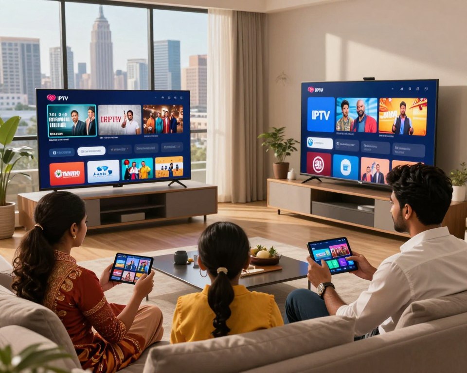 A vibrant scene depicting the bustling atmosphere of both Indian and American streaming TV markets, showcasing a modern living room with a large TV displaying various streaming apps. In the foreground, a diverse family of four, dressed in professional casual attire, is engaged with their devices while watching content together. In the middle ground, add distinct elements representing both countries, like Indian cultural motifs and American pop culture icons subtly integrated into the decor. The background features a large window revealing a city skyline from both New Delhi and New York, symbolizing the global reach of IPTV services. Soft, warm lighting creates a welcoming mood, highlighting a sense of connection across cultures, with a slightly angled view emphasizing depth and engagement in this vibrant IPTV landscape. A vibrant scene depicting the bustling atmosphere of both Indian and American streaming TV markets, showcasing a modern living room with a large TV displaying various streaming apps. In the foreground, a diverse family of four, dressed in professional casual attire, is engaged with their devices while watching content together. In the middle ground, add distinct elements representing both countries, like Indian cultural motifs and American pop culture icons subtly integrated into the decor. The background features a large window revealing a city skyline from both New Delhi and New York, symbolizing the global reach of IPTV services. Soft, warm lighting creates a welcoming mood, highlighting a sense of connection across cultures, with a slightly angled view emphasizing depth and engagement in this vibrant IPTV landscape.
