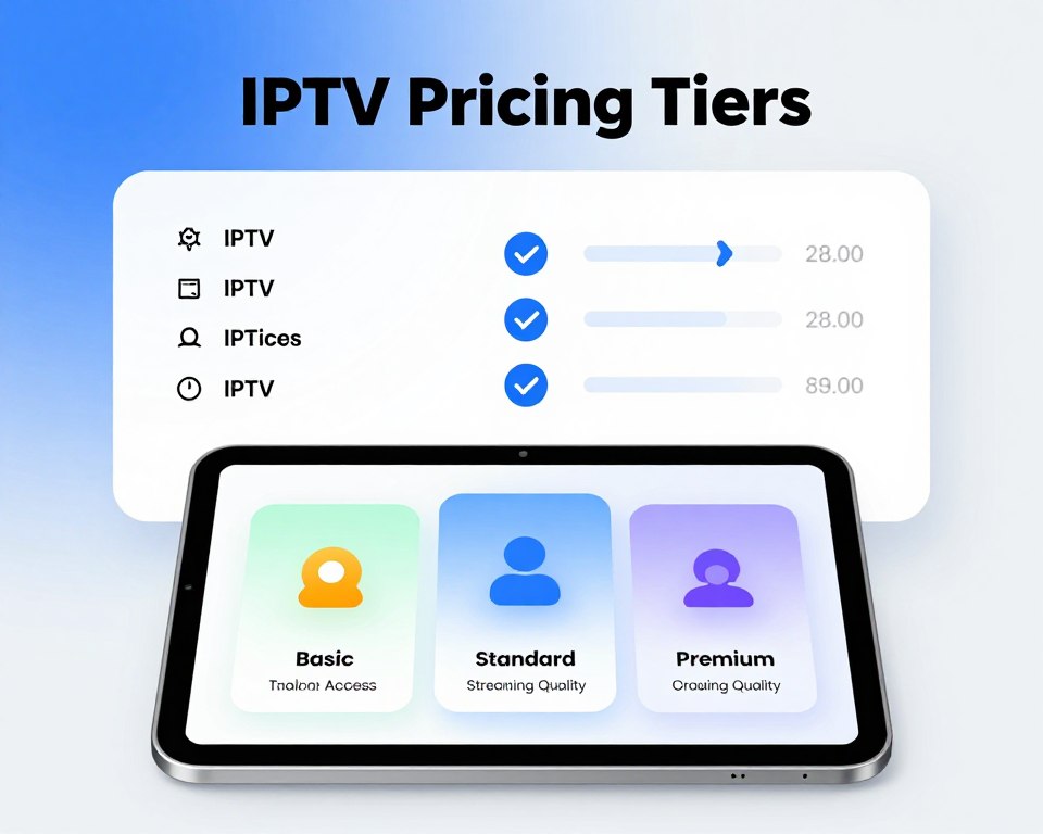 A visually engaging and informative image depicting "IPTV Pricing Tiers" with a sleek, modern design. In the foreground, a polished tablet screen displays three distinct subscription tiers labeled "Basic," "Standard," and "Premium," with colorful graphical icons representing features like channel access, streaming quality, and user profiles. The middle layer features a minimalist, stylish infographic layout, showcasing comparison charts and visual cues like arrows and check marks to highlight differences in pricing and services. The background is a soft gradient of blue and white, suggesting a digital, tech-savvy atmosphere. The lighting is bright and evenly distributed, capturing a professional business vibe. The overall mood should be informative yet approachable, tailored for an audience seeking clarity on IPTV subscription models.
