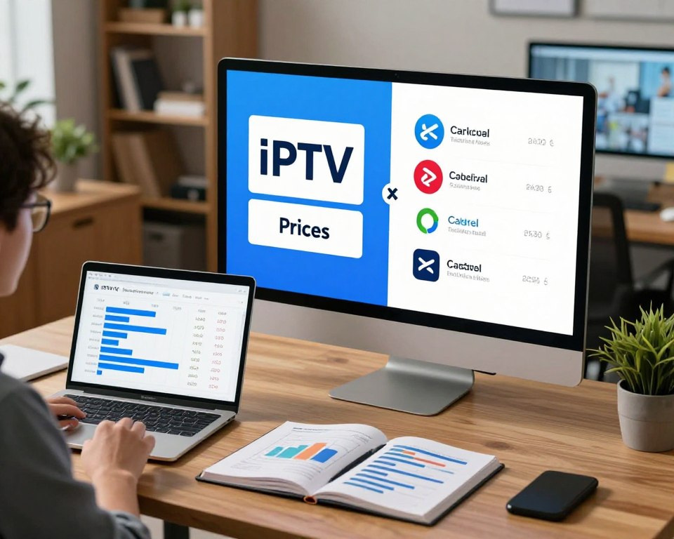 A visually engaging comparison of IPTV prices against traditional cable and streaming services, set in a modern office environment. In the foreground, a stylish computer desk displays a sleek laptop and an open notebook filled with charts and graphs illustrating the price comparison. In the middle ground, a large digital screen shows a split display: one side with IPTV platforms featuring their logos, and the other side showcasing traditional cable services. The background features a cozy office with soft, ambient lighting, bookshelves, and potted plants, creating a professional yet approachable atmosphere. The scene is captured with a slightly elevated angle to emphasize the comparison, using warm colors to evoke a feeling of thoroughness and reliability. Ensure all human subjects, if present, are in professional attire.