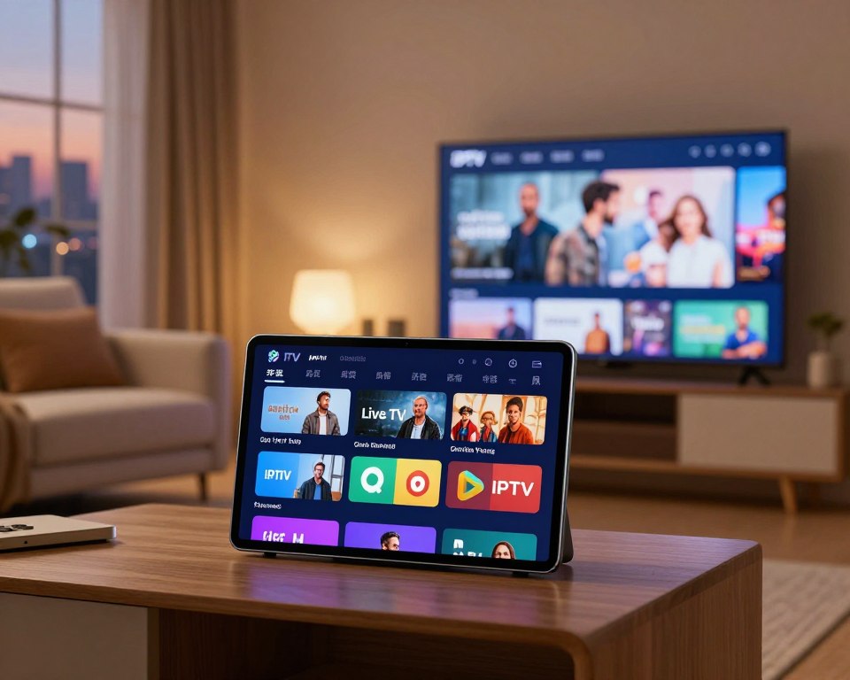 A visually engaging composition depicting the features of a one-year IPTV subscription package. In the foreground, a sleek digital device displaying a vibrant, interactive IPTV interface with appealing icons representing various features like live TV, on-demand shows, and streaming apps. In the middle, a cozy living room setting featuring a comfortable couch and a large flat-screen TV, softly illuminated by warm ambient lighting that creates a relaxed atmosphere. In the background, subtle outlines of a window with a view of a city skyline at dusk, enhancing the modern feel. The scene embodies a sense of convenience and entertainment, inviting viewers to explore the benefits of IPTV. No text or watermarks are present in the image. A visually engaging composition depicting the features of a one-year IPTV subscription package. In the foreground, a sleek digital device displaying a vibrant, interactive IPTV interface with appealing icons representing various features like live TV, on-demand shows, and streaming apps. In the middle, a cozy living room setting featuring a comfortable couch and a large flat-screen TV, softly illuminated by warm ambient lighting that creates a relaxed atmosphere. In the background, subtle outlines of a window with a view of a city skyline at dusk, enhancing the modern feel. The scene embodies a sense of convenience and entertainment, inviting viewers to explore the benefits of IPTV. No text or watermarks are present in the image.