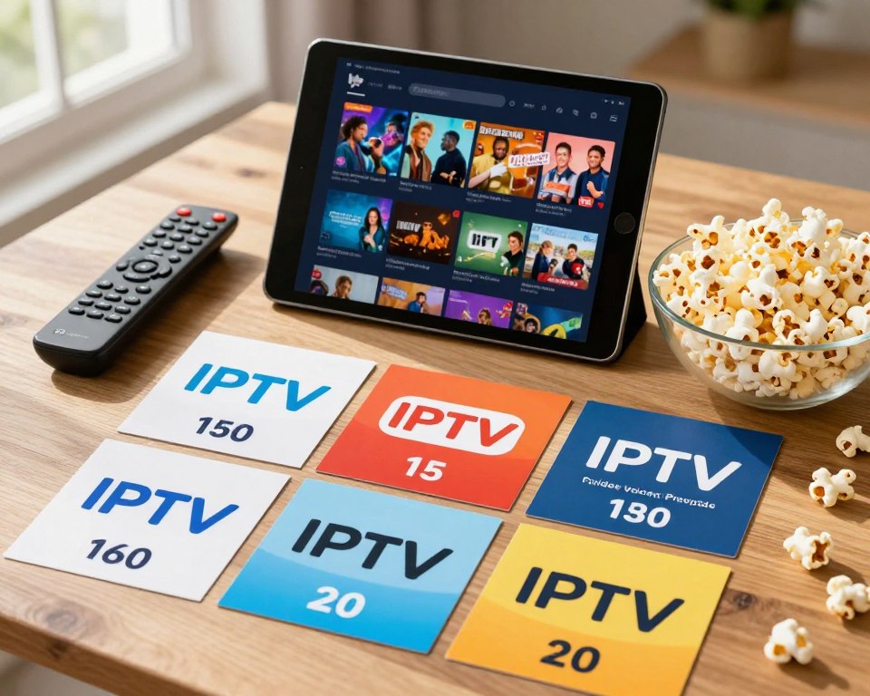 A visually engaging flat lay of various budget-friendly IPTV subscription options. In the foreground, display colorful printed cards representing different IPTV service providers, each showcasing distinctive logos and a price tag highlighting affordability. The middle ground features a sleek tablet displaying a vibrant screen with popular streaming content, surrounded by a remote control and a bowl of popcorn for a cozy movie night feel. In the background, a wooden table adds a warm, inviting ambiance, softly illuminated by natural sunlight streaming through a window, creating a cheerful and budget-conscious atmosphere. The composition should evoke a sense of modern convenience and affordability in streaming entertainment.