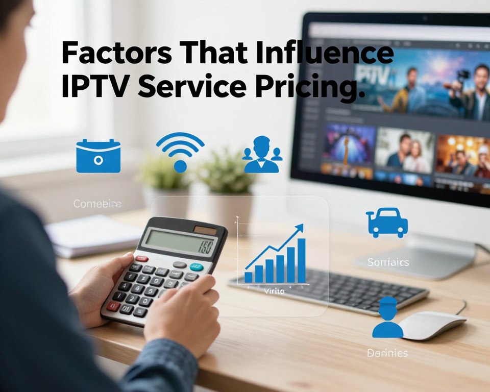 A visually engaging infographic illustrating "Factors That Influence IPTV Service Pricing." In the foreground, depict various elements related to IPTV pricing, such as a calculator, a chart showing fluctuating prices, and icons representing content variety like movies, sports, and international channels. In the middle ground, include graphics symbolizing service quality, such as bandwidth and customer support icons. The background should feature a subtle office environment with a desk and computer displaying IPTV interfaces. Use bright, inviting lighting to create a professional atmosphere, emphasizing clarity and detail. The image should aim for a modern, business-like mood, capturing the essence of affordability and value in IPTV services without including any text or branding elements.