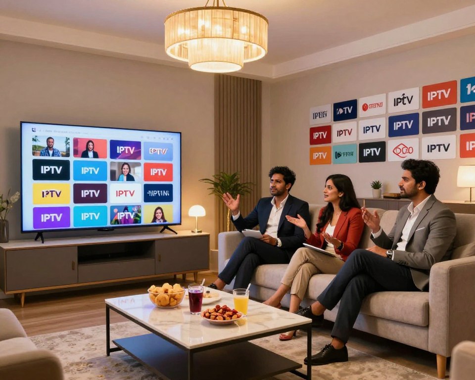 A visually engaging representation of the top Indian IPTV providers, showcasing a modern living room setting with a large flat-screen TV displaying diverse Indian channels. Foreground includes a stylish coffee table adorned with popular Indian snacks and drinks, inviting viewers to experience the atmosphere. In the middle, a group of four people dressed in professional business attire—two males and two females—sitting comfortably on a plush sofa, engaged in a lively discussion about their favorite IPTV services. The background features warm lighting from an overhead chandelier, enhancing a cozy ambiance, while a vibrant collage of the logos of leading Indian IPTV providers subtly adorns the walls. The scene conveys a sense of connection and enjoyment in technology and entertainment among Indian viewers in the US. A visually engaging representation of the top Indian IPTV providers, showcasing a modern living room setting with a large flat-screen TV displaying diverse Indian channels. Foreground includes a stylish coffee table adorned with popular Indian snacks and drinks, inviting viewers to experience the atmosphere. In the middle, a group of four people dressed in professional business attire—two males and two females—sitting comfortably on a plush sofa, engaged in a lively discussion about their favorite IPTV services. The background features warm lighting from an overhead chandelier, enhancing a cozy ambiance, while a vibrant collage of the logos of leading Indian IPTV providers subtly adorns the walls. The scene conveys a sense of connection and enjoyment in technology and entertainment among Indian viewers in the US.