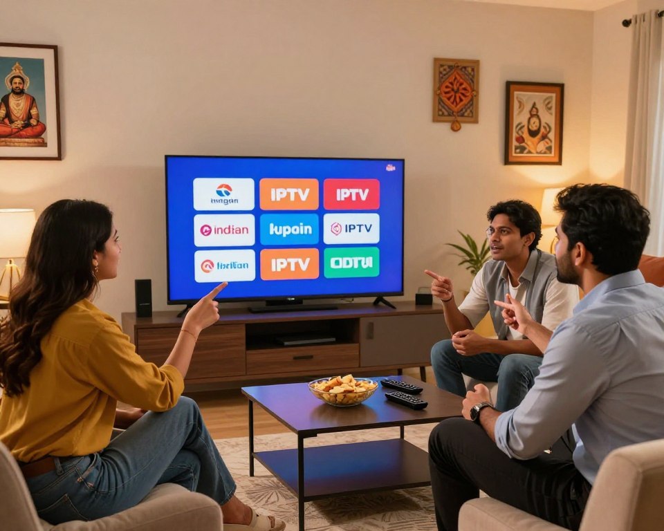 A visually engaging scene representing Indian IPTV services tailored for an American audience. In the foreground, depict a modern living room with a sleek television displaying vibrant logos of popular Indian IPTV channels. Include a diverse group of three professionals, two men and one woman, casually discussing in business attire, pointing at the TV screen with interest and enthusiasm. In the middle, add a coffee table with snacks and remote controls, emphasizing a comfortable viewing setting. In the background, showcase a warm, inviting ambiance with soft lighting, light-colored walls adorned with Indian artwork or cultural motifs. Capture a sense of discovery and excitement about IPTV, evoking a mood of curiosity and engagement. Use a wide-angle lens to encompass the entire scene, ensuring a balanced composition.