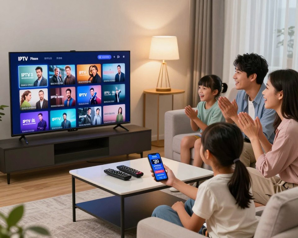 A visually striking composition depicting a modern living room setting showcasing discounted IPTV plans. In the foreground, a sleek flat-screen TV displays a vibrant grid of streaming channels, highlighting various shows. A happy family, dressed in smart casual attire, gathers on a comfy sofa, their expressions reflecting excitement as they browse through the selection. In the middle ground, a stylish coffee table holds a few remote controls and a smartphone displaying a discount banner for IPTV services. The background features soft ambient lighting and contemporary decor, creating a warm and inviting atmosphere. Utilize natural light to accentuate the scene, capturing the joy of affordable streaming entertainment. The image should evoke a sense of accessibility and modern convenience in the IPTV market.
