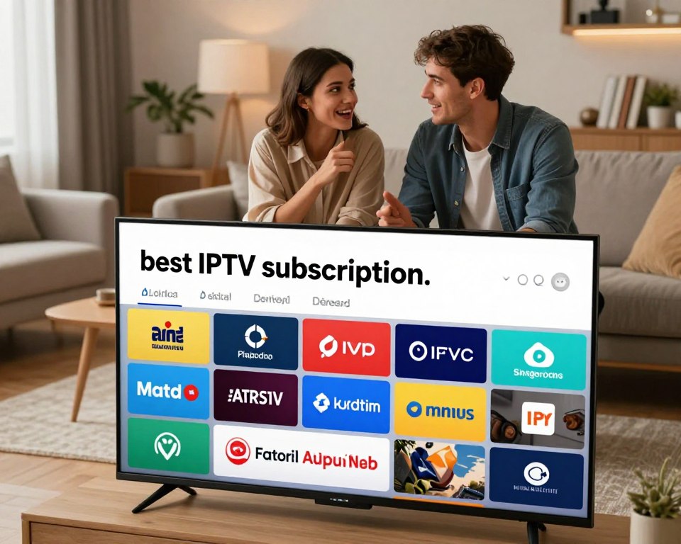 A visually striking composition showcasing the concept of "best IPTV subscription." In the foreground, display a sleek modern television screen, illuminated, featuring diverse streaming service logos like a vibrant mosaic of colors. In the middle ground, a stylish, well-dressed professional couple is engaged in a relaxed discussion, their expressions reflecting excitement and satisfaction, symbolizing the enjoyment of premium content. In the background, a cozy living room with contemporary furnishings, accentuated by soft, warm lighting that creates an inviting atmosphere. Utilize a slightly elevated angle, emphasizing the television and the couple, capturing the essence of comfort and cutting-edge technology. The mood should be positive and engaging, inviting viewers to explore the advantages of IPTV subscriptions. A visually striking composition showcasing the concept of "best IPTV subscription." In the foreground, display a sleek modern television screen, illuminated, featuring diverse streaming service logos like a vibrant mosaic of colors. In the middle ground, a stylish, well-dressed professional couple is engaged in a relaxed discussion, their expressions reflecting excitement and satisfaction, symbolizing the enjoyment of premium content. In the background, a cozy living room with contemporary furnishings, accentuated by soft, warm lighting that creates an inviting atmosphere. Utilize a slightly elevated angle, emphasizing the television and the couple, capturing the essence of comfort and cutting-edge technology. The mood should be positive and engaging, inviting viewers to explore the advantages of IPTV subscriptions.