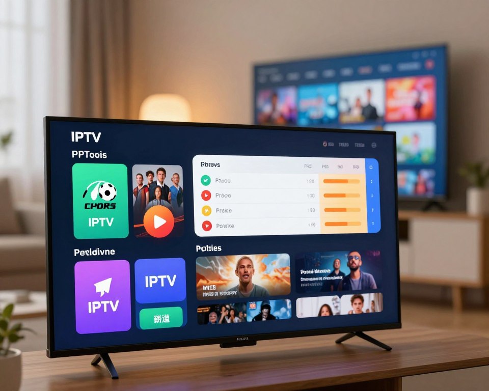A visually striking image comparing IPTV services, featuring a sleek, modern digital interface split into three sections, each showcasing different IPTV service providers. In the foreground, graphical representations of streaming options like sports, movies, and news, with vibrant icons. The middle layer includes a side-by-side comparison chart displaying features such as price, channels, and user ratings, using clear, colorful graphics. In the background, a blurred living room setting with a smart TV displaying vibrant streaming content, illuminated by soft, warm lighting. The mood is informative and professional, emphasizing technology and user experience. The angle should be slightly elevated to capture both the digital interface and the cozy environment seamlessly, in a highly detailed and polished visual style.
