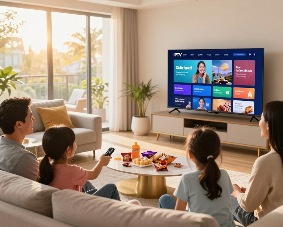 An engaging scene depicting the modern living room of an American household, showcasing a family gathered around a large, sleek television displaying a vibrant IPTV interface. In the foreground, a diverse family – a Caucasian father, an Asian mother, and two children of mixed descent – are casually dressed, joyfully using a remote control. In the middle ground, there are stylish furniture pieces, such as a cozy couch and chic coffee table cluttered with snacks. The background features large windows allowing warm, golden sunlight to flood the room, creating a cheerful and inviting atmosphere. Use a soft focus lens to highlight the family, while slightly blurring the background. This image should convey the excitement and transformative nature of IPTV services in enhancing everyday television experiences, maintaining a professional and family-friendly vibe. An engaging scene depicting the modern living room of an American household, showcasing a family gathered around a large, sleek television displaying a vibrant IPTV interface. In the foreground, a diverse family – a Caucasian father, an Asian mother, and two children of mixed descent – are casually dressed, joyfully using a remote control. In the middle ground, there are stylish furniture pieces, such as a cozy couch and chic coffee table cluttered with snacks. The background features large windows allowing warm, golden sunlight to flood the room, creating a cheerful and inviting atmosphere. Use a soft focus lens to highlight the family, while slightly blurring the background. This image should convey the excitement and transformative nature of IPTV services in enhancing everyday television experiences, maintaining a professional and family-friendly vibe.