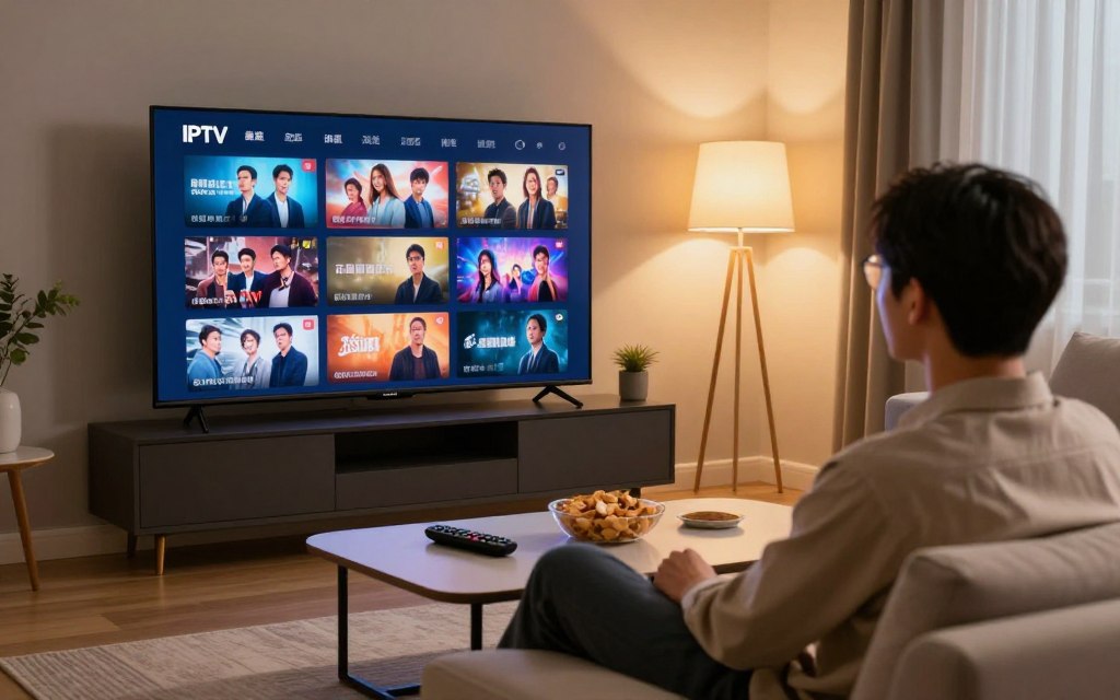 An engaging scene showcasing an individual viewing diverse IPTV content on a sleek, modern television in a cozy living room environment. In the foreground, a professional dressed person sits comfortably on a stylish sofa, reflected by the soft glow of the screen, showcasing vibrant images of various TV shows and movies. The middle ground includes a contemporary coffee table adorned with snacks and a remote control, symbolizing casual enjoyment. In the background, a minimalist decor enhances the atmosphere, with warm lighting from stylish lamps casting a welcoming glow throughout the space. The scene conveys a sense of relaxation and modern entertainment options, illustrating the advantages of IPTV services. Aim for a slightly angled shot that captures both the person’s engagement and the TV display, creating an inviting mood. An engaging scene showcasing an individual viewing diverse IPTV content on a sleek, modern television in a cozy living room environment. In the foreground, a professional dressed person sits comfortably on a stylish sofa, reflected by the soft glow of the screen, showcasing vibrant images of various TV shows and movies. The middle ground includes a contemporary coffee table adorned with snacks and a remote control, symbolizing casual enjoyment. In the background, a minimalist decor enhances the atmosphere, with warm lighting from stylish lamps casting a welcoming glow throughout the space. The scene conveys a sense of relaxation and modern entertainment options, illustrating the advantages of IPTV services. Aim for a slightly angled shot that captures both the person’s engagement and the TV display, creating an inviting mood.