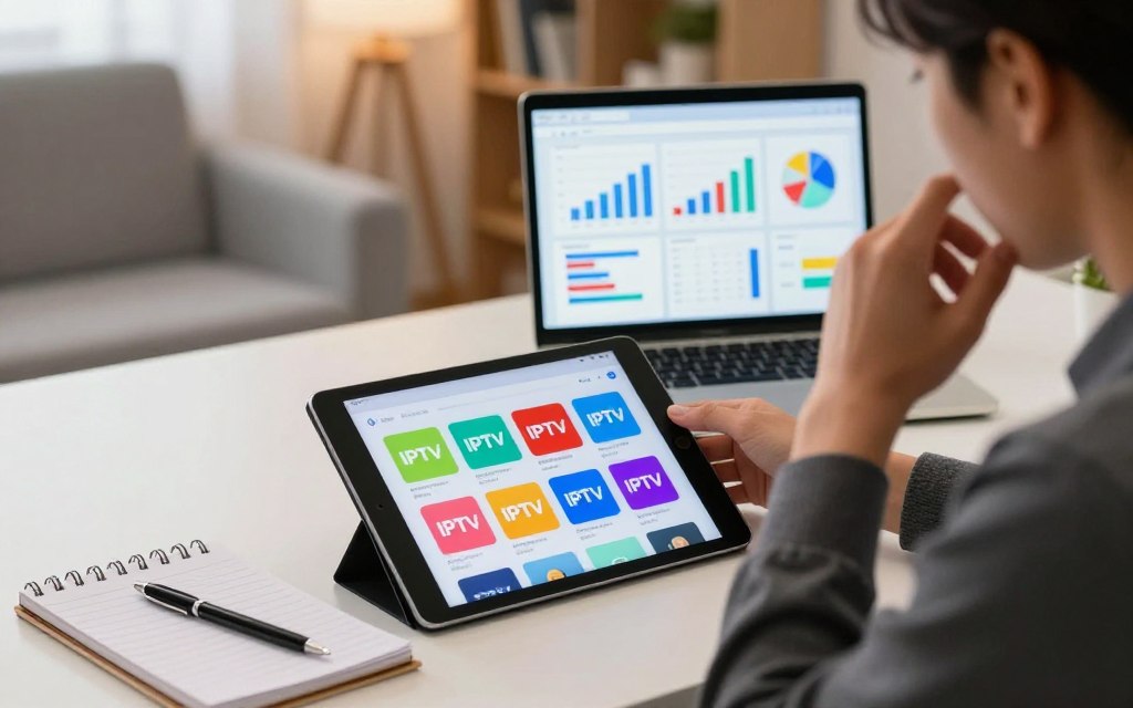 An informative and visually appealing workspace set against a softly lit backdrop, featuring a modern desk with a tablet displaying various IPTV subscription icons in vibrant colors. In the foreground, a professional individual, dressed in a smart casual outfit, is thoughtfully comparing the different options, with a notepad and pen beside them. The middle ground includes a laptop showing charts and comparison graphics related to IPTV subscriptions, emphasizing clarity and organization. The background hints at a cozy home environment with soft lighting and a bookshelf, creating a warm and inviting atmosphere that reflects the importance of selecting the best IPTV plan. The overall mood should be focused and analytical, encouraging decision-making. An informative and visually appealing workspace set against a softly lit backdrop, featuring a modern desk with a tablet displaying various IPTV subscription icons in vibrant colors. In the foreground, a professional individual, dressed in a smart casual outfit, is thoughtfully comparing the different options, with a notepad and pen beside them. The middle ground includes a laptop showing charts and comparison graphics related to IPTV subscriptions, emphasizing clarity and organization. The background hints at a cozy home environment with soft lighting and a bookshelf, creating a warm and inviting atmosphere that reflects the importance of selecting the best IPTV plan. The overall mood should be focused and analytical, encouraging decision-making.