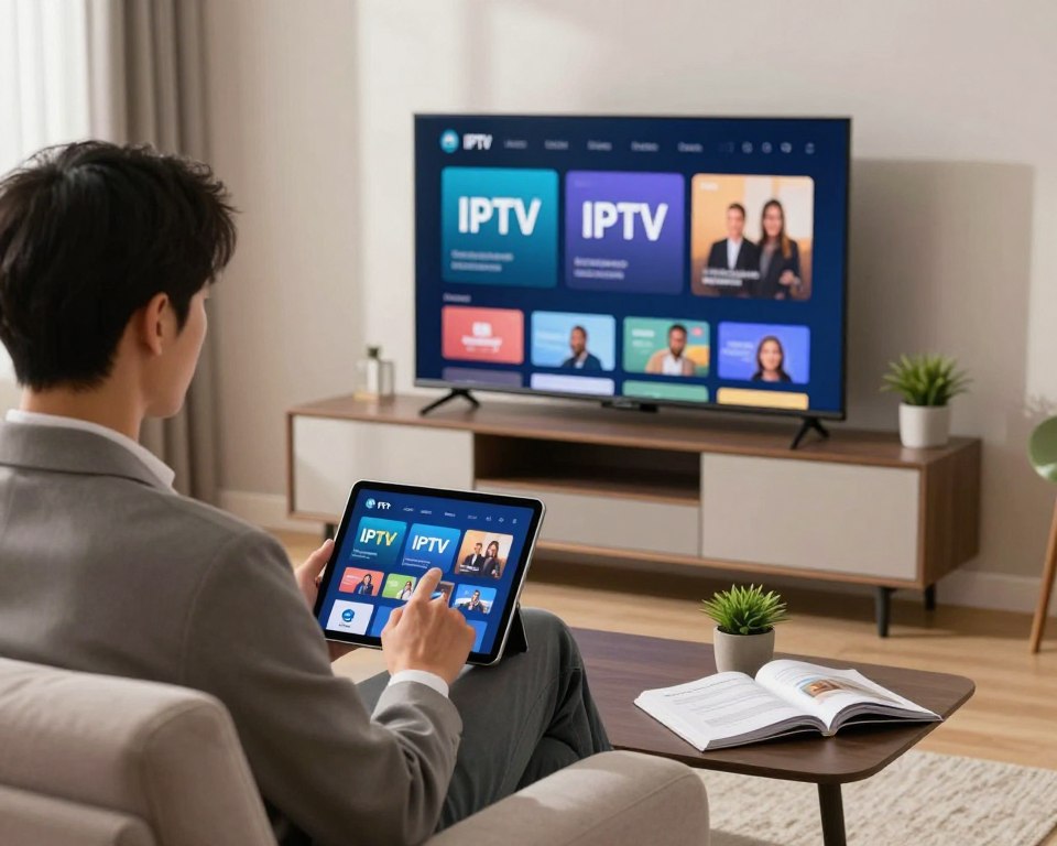 A cozy living room featuring a sleek, modern smart TV prominently displayed on a stylish media console. In the foreground, a well-dressed individual, wearing business casual attire, is seated on a comfortable sofa, focused on using a tablet to check IPTV compatibility. The middle layer shows the smart TV screen displaying a user-friendly interface with IPTV options, while nearby, an open user manual lies next to a small potted plant. The background consists of soft light coming from a window, casting gentle shadows, creating a warm and inviting atmosphere. The composition should have a slight depth of field, emphasizing the person and the TV while softly blurring the background, evoking a sense of preparation and anticipation for IPTV installation. A cozy living room featuring a sleek, modern smart TV prominently displayed on a stylish media console. In the foreground, a well-dressed individual, wearing business casual attire, is seated on a comfortable sofa, focused on using a tablet to check IPTV compatibility. The middle layer shows the smart TV screen displaying a user-friendly interface with IPTV options, while nearby, an open user manual lies next to a small potted plant. The background consists of soft light coming from a window, casting gentle shadows, creating a warm and inviting atmosphere. The composition should have a slight depth of field, emphasizing the person and the TV while softly blurring the background, evoking a sense of preparation and anticipation for IPTV installation.