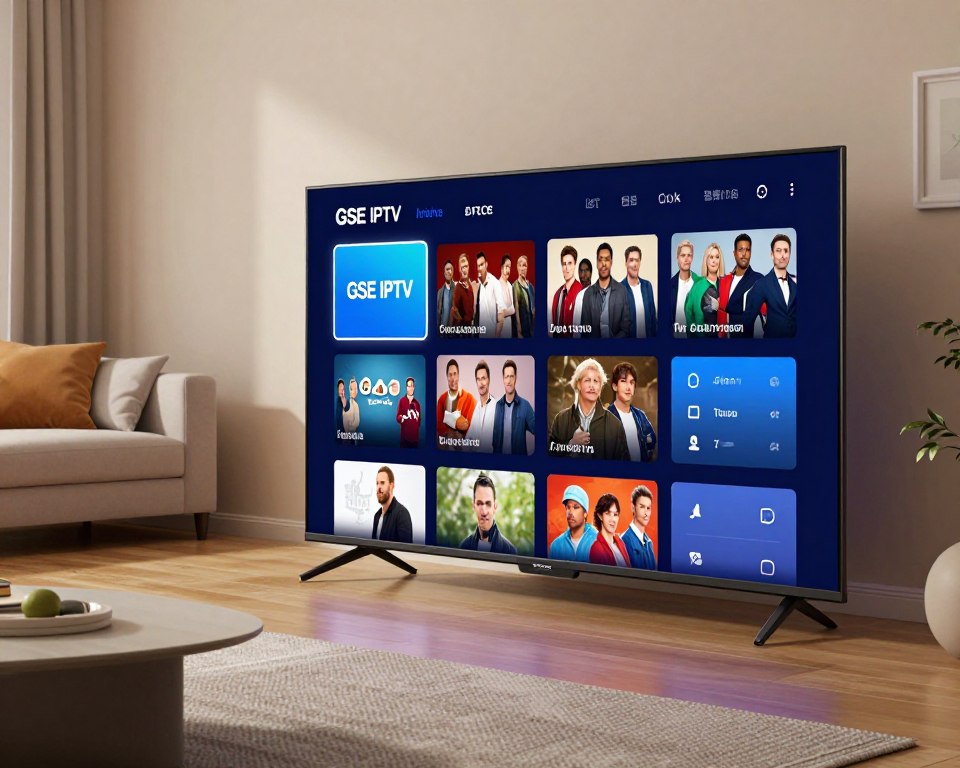 A modern digital interface showcasing the GSE IPTV streaming application on a sleek Smart TV. In the foreground, the TV is displayed prominently with vibrant, user-friendly graphics highlighting various streaming options such as live TV, movie selections, and settings. The middle layer features a cozy living room setup, complete with a stylish sofa and a minimalist coffee table, creating an inviting atmosphere for family entertainment. Soft ambient lighting creates a warm, relaxed mood, suggesting a home theater experience. In the background, light-colored walls with subtle decor elements enhance the modern aesthetic without distraction. The angle should be slightly tilted down, emphasizing the TV screen while capturing the essence of comfortable home viewing. A modern digital interface showcasing the GSE IPTV streaming application on a sleek Smart TV. In the foreground, the TV is displayed prominently with vibrant, user-friendly graphics highlighting various streaming options such as live TV, movie selections, and settings. The middle layer features a cozy living room setup, complete with a stylish sofa and a minimalist coffee table, creating an inviting atmosphere for family entertainment. Soft ambient lighting creates a warm, relaxed mood, suggesting a home theater experience. In the background, light-colored walls with subtle decor elements enhance the modern aesthetic without distraction. The angle should be slightly tilted down, emphasizing the TV screen while capturing the essence of comfortable home viewing.
