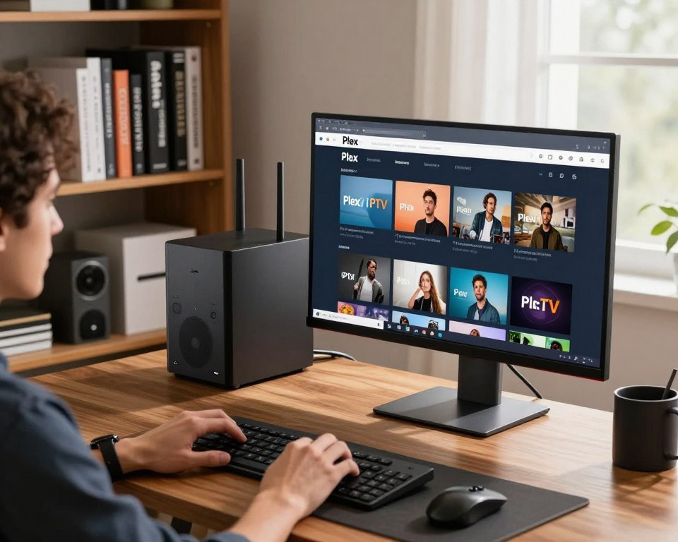 A modern home office setting featuring a sleek Plex media server setup. In the foreground, a professional-looking computer monitor displays the Plex IPTV interface, showcasing a variety of channels. A keyboard and mouse sit on a wooden desk, with a user’s hands engaged in setting up the IPTV. In the middle ground, an elegant bookshelf filled with tech manuals and gadgets is visible, alongside a modern router indicating a strong internet connection. The background features a window with soft, natural light filtering in, creating a warm and inviting atmosphere. The mood is focused and tech-savvy, emphasizing a streamlined user experience with a clean, organized aesthetic. The image is shot from a slightly elevated angle to capture all elements effectively.