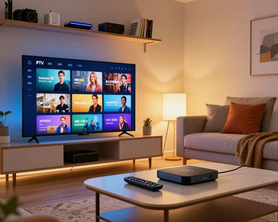 A modern living room scene featuring a sleek television displaying vibrant streaming content, illustrating IPTV technology. In the foreground, a stylish coffee table with a remote control and a digital streaming device. In the middle ground, a comfortable sofa adorned with colorful cushions, with a light source emanating warm, inviting illumination. In the background, a well-decorated shelf with tech gadgets and books, suggesting an advanced digital lifestyle. Use a wide-angle lens to create a spacious feel, capturing the essence of home entertainment. The mood should be cozy and engaging, reflecting the convenience and innovation of IPTV services, evoking the excitement of seamless content delivery without any text or distractions.